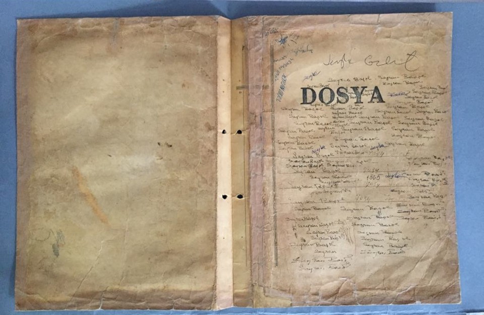 The DOSYA folder after treatment, edges consolidated and inked register restored to legibility